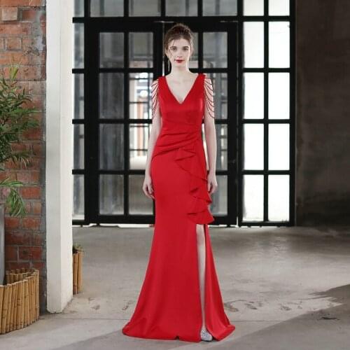 YIDINGZS Candy Color Women Sexy Slit Party Maxi Dress Soft Satin V Neck Beading Evening Dress