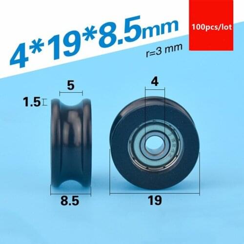 100pcs U groove POM Plastic coated bearing 624ZZ 4*19*8.5mm door Window track guide roller bearing wheel nylon wrapped pulley