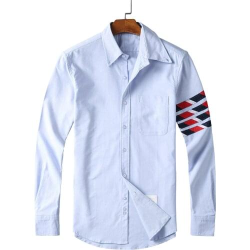 2021 Fashion TB THOM Brand Shirts Men Slim Blue Striped Long Sleeve Casual Shirt Turn Down Collar Oxford Solid Mens Clothing
