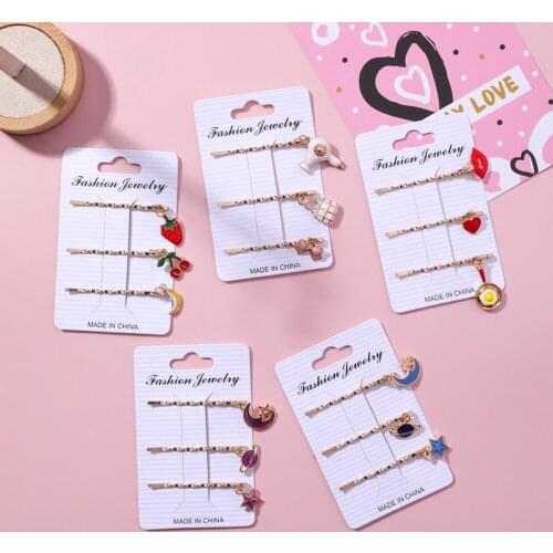 3PcsSet Fruit Hair Clips hair sticks Strawberry Cherry Pineapple Hairpins Barrette 5.5cm Metal U-shaped Plated Bobby Pins Women