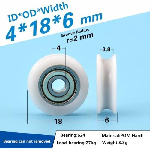5pcs plastic coated U shape slot pulley wheel 624ZZ bearing for door window furniture guide concave wheel POM 4x18x6mm