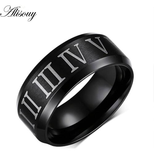 Alisouy 2019 wholesale factory Roman numerals black ring stainless steel cool men ring cocktail wedding jewelry for men