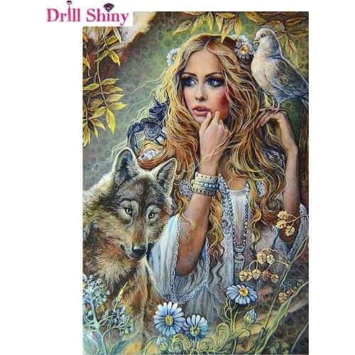DIY full whole resin drill square canvas oil diamond painting fantasy art woman and the wolf 5D dimensional embroidery series