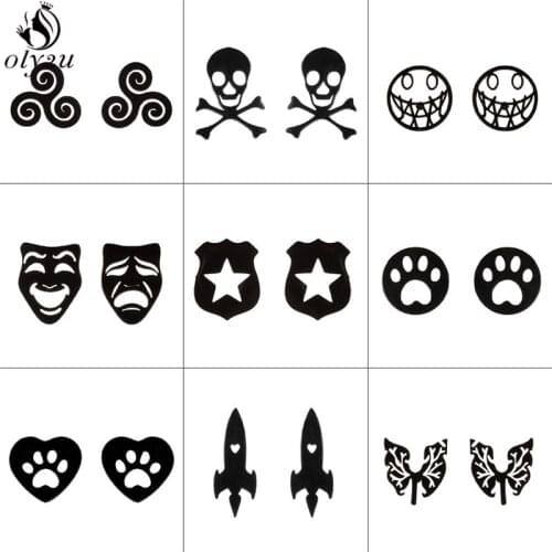Black Punk Stainless Steel Ear Studs Earrings Geometric Women Men Hip Hop Skull Paw Lung Rocket Earings Best Gift for Friend