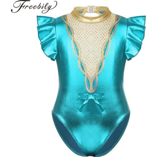 Kids Girls Short Flutter Sleeves Metallic Sparkly Sequins Ballet Gymnastics Leotard Jumpsuit Showman Performance Dance Costume