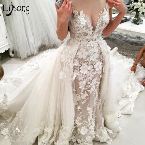 Elegant 3D Flower Lace Wedding Dresses 2020 With Detachable Train Sexy V-neck Mermaid Bridal Gowns Vestido De Novia