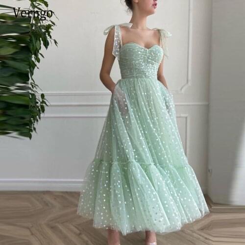 Verngo Elegant Light Mint Green Tulle A Line Short Prom Dresses 2021 Sweetheart Ribbon Straps Tea Length Homecoming Party Gowns