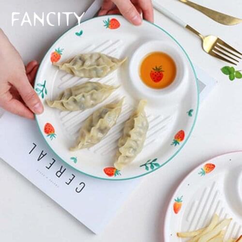 FANCITY Japanese dumpling plate with vinegar dish, steamed dumpling plate, household dish plate, grid plate, creative ceramic ta