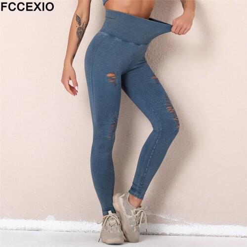FCCEXIO Seamless Yoga Pants High Waist Hole Gym Leggings Sport Women Fitness Squat Proof Running Dry Fit Elastic Workout Tights