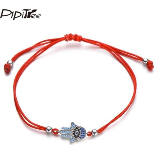 Pipitree Brand Fashion Blue CZ Zircon Hamsa Hand Charm Bracelets Red String Braided Bracelet Men Women Unisex Jewelry Adjustable