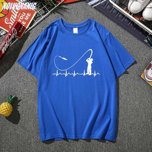 Summer Fishinger Heartbeat Funny Graphic Mens Clothing Fish Fisherman Gift 100% Cotton Meal Harajuku T-Shirt Plus Size Goth