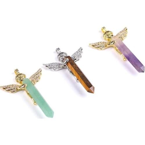 Hot Selling Wholesale 6pcs/Lot Natural Crystal Spectrolite Opal Hexagonal Prism Pendant Necklace With Angel Wings Pendant