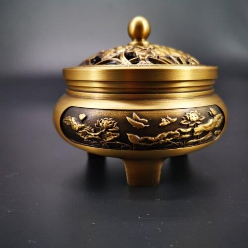 Lotus carving lotus carving copper incense burner household plate incense burner pure copper sandalwood burner for Buddha decor