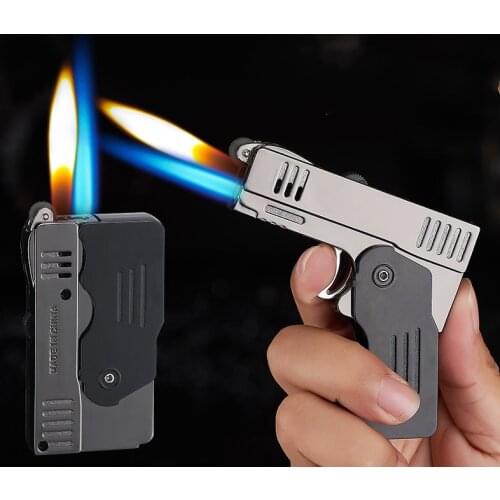 Metal Double Fire Deformation Pistol Butane Gas Lighter Free Fire Jet Torch Windproof Cigarette Flint Grinding Wheel Lighters