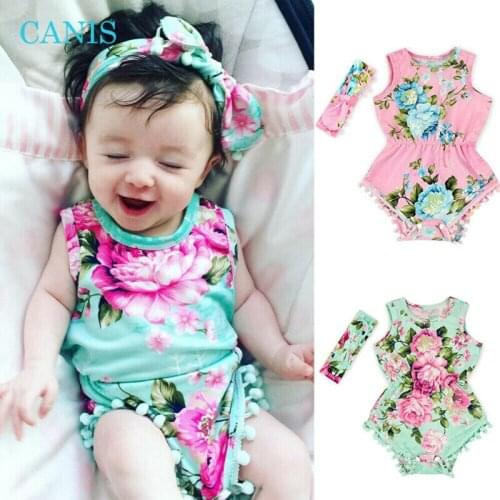 Cute Floral Romper 2pcs Baby Girls Clothes Jumpsuit Romper+Headband 0-24M Age Ifant Toddler Newborn Outfits Set Hot Sale