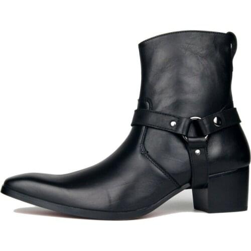 Hot Sale Mens Genuine Leather Biker Ankle Boots Punk Block Med Heels Cowboy Riding Shoes Big Size Cow Leather Office Work Boots