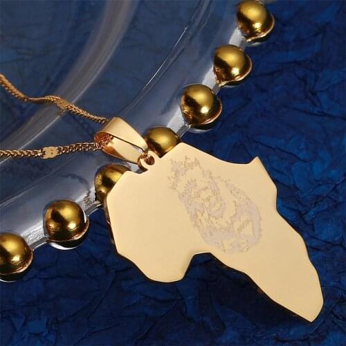 Stainless Steel Africa Map Necklace Gold Color African Map for Men Women Lion Pattern Jewelry