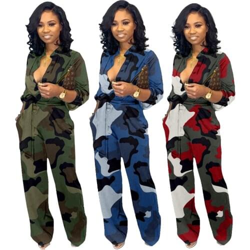 Autumn Women Camouflage Print Long Sleeve Button Jumpsuit Turn-down Neck Military Straight Sashes Romper Casual Playsuit GL3181
