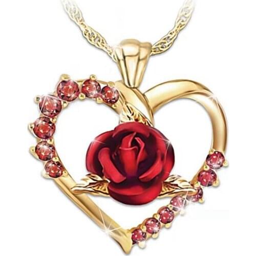 New Fashion Love Heart Red Rose Pendant Necklace Women Girl Lady Gold Color Necklace Choker Jewelry For Valentines Day Gift