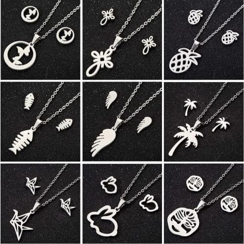 Sasusp Geometric Flower Necklace Women Butterfly Fish Bones Tree Rabbit Pendant Necklace Stainless Steel Jewelry femme