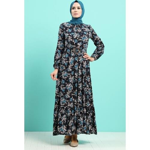 Minahill Viscose Floral Patterned Belt Dress 4547-03 Navy Blue 4547-03