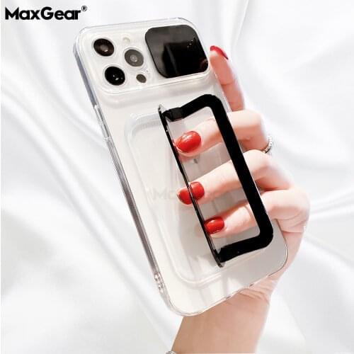 Slide Camera Lens Protection Clear Case For iPhone 13 11 12 Pro Max XS X S XR 8 7 Plus SE2 Buckle Holder Stand Transparent Cover