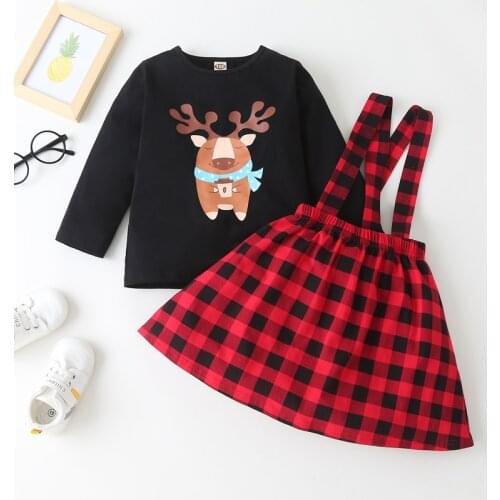 Fashion Kids Clothes Toddler Girl Clothing Set 2 Pieces Cartoon Animal Elk Long Sleeve Tops+plaid Baby Strap Short Skirt 1-6Y