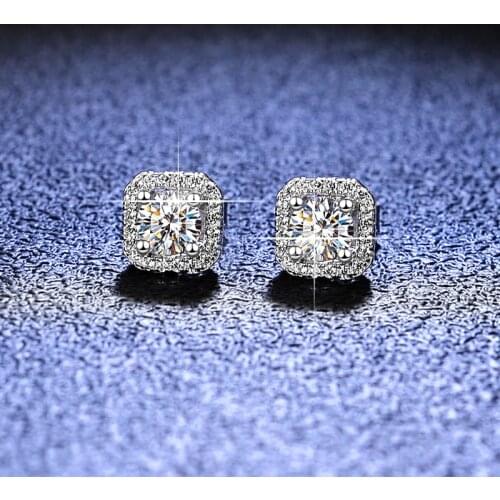 Silver 925 Original Total 2 Carat Brilliant Cut Diamond Test Past D Color Moissanite Square Shape Stud Earrings Gemstone Jewelry