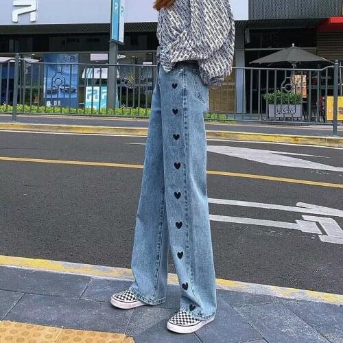 Blue High-waisted Wide-leg Jeans Womens Heart Embroidery Y2K Streetwear Draped Loose Oversized Straight Wide-leg Pants Trousers