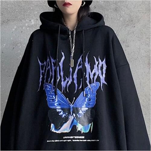 Dark High Street Hip-Hop Harajuku azy loose Print Butterfly Plus Velvet Funeral Hooded Men And Women Retro Clothing Top