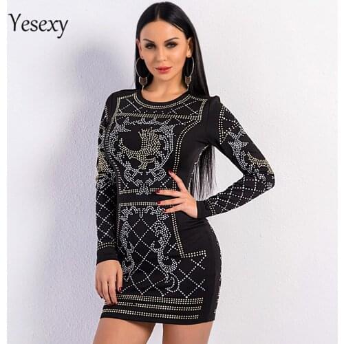 Yesexy 2020 Sexy O-neck long-sleeved geometric silver and gold studded velvet dress VR3610Rhinestone