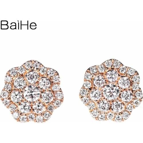 BAIHE Solid 14K Rose Gold 0.78ct H/SI Round Natural Diamonds earring Trendy Fine Jewelry Delicate flower Stud Earrings for Women