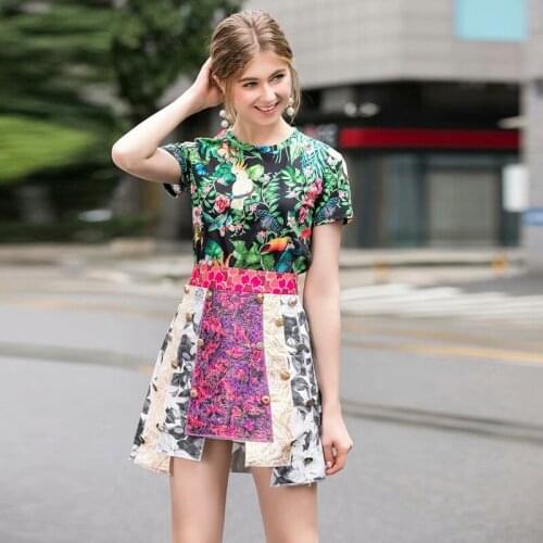 New HIGH QUALITY Fashion 2021 Runway Suit Set Womens Vintage Floral T-shirt Jacquard Skirt Set
