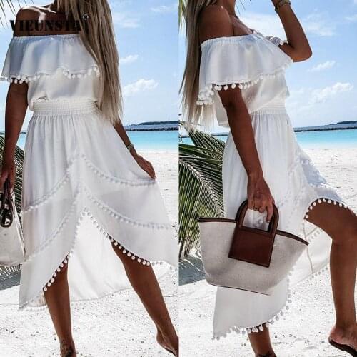Sexy Off Shoulder Double Ruffle Summer Dress Women Elegant Backless Tassel Irregular Dress Spring Solid Short Sleeve Party Dress