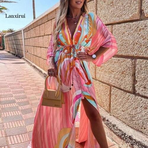 Women Elegant Button Elastic Waist Long Party Dress Deep V Neck Printing Hem Maxi Dress Spring Summer Loose Slit Dress Vestidos