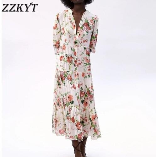 ZZKYT 2021 Women Summer Vintage Floarl Print Single Breasted Midi Dress Fashion O-Neck Short Sleeve Ruffles Party Female Dresses