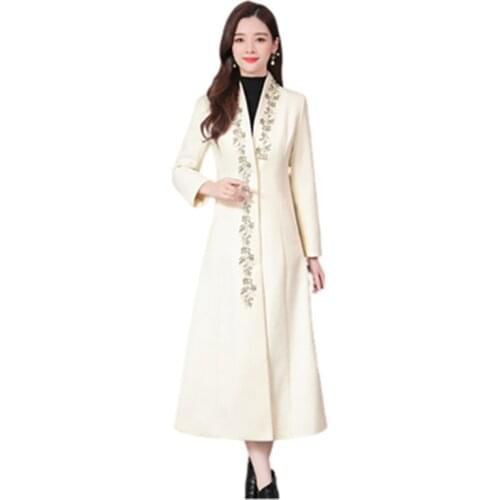 2021 New Arrivals Womens Long Coats Spring Autumn Female Wool Overcoats Trendy Embroidery Plus Size Lady Outerwear Cardigans