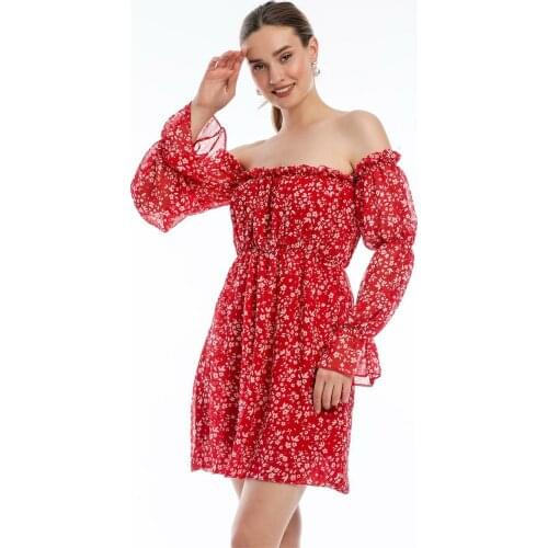 Womens Summer Fashion Madonna Collar Chiffon Floral Patterned Batwing Long Sleeve Young Girl Party Dresses Turkish Quality