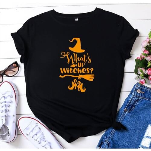 100% Cotton Summer New Womens T-shirt O-Neck Harajuku Halloween Whats Up Witches Top Casual Female T shirt Oversized