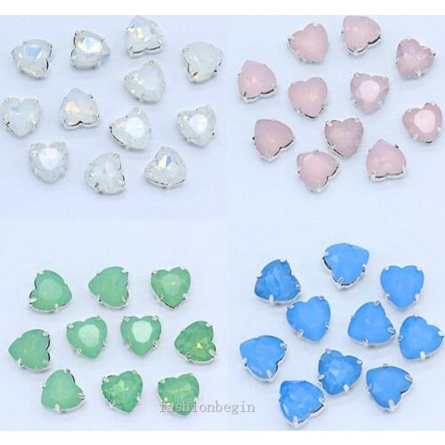 12p 8mm 10mm heart shape opal Flatback sew on Faceted glass crystal Diamante rhinestone jewels silver setting beads Dress Making