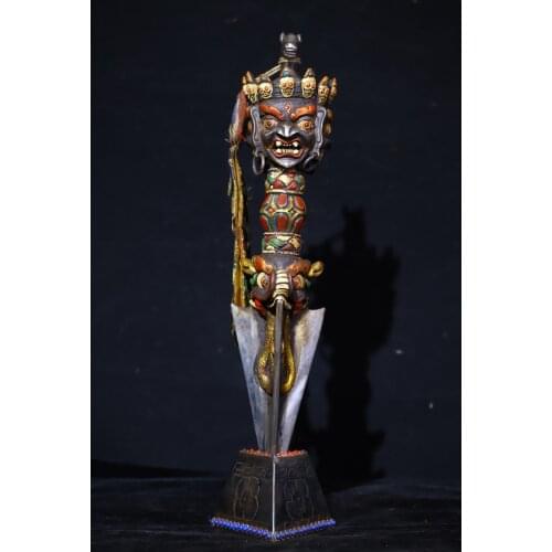 15" Tibet Buddhism Old Tiantie Tracing Horse head Skeleton Three-sided Mahakala Statue Base set Dorje Vajra Phurpa Town House