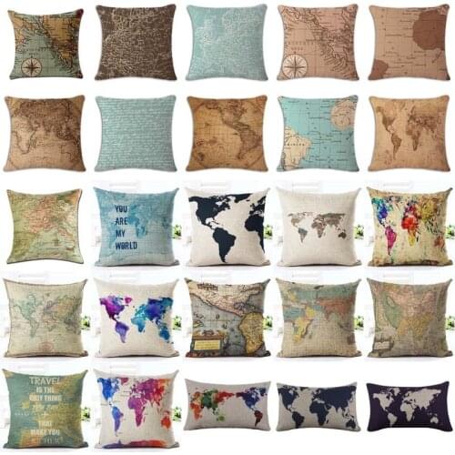 18 inches Watercolor Vintage Style Cushion Cover world map Pattern Cotton Linen Pillow Cover Cushion Cover PillowCase Home Decor