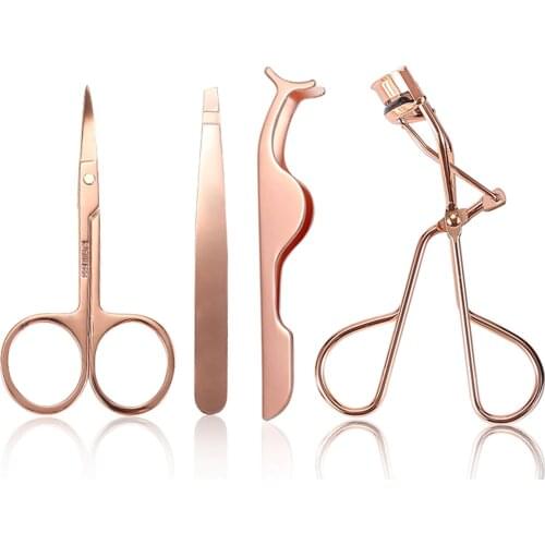 4Pcs/lot Rose Gold Eye Lashes Stainless Steel Makeup Set Eyelash Curler Eyebrow Tweezers Scissors False Eyelash Applicator