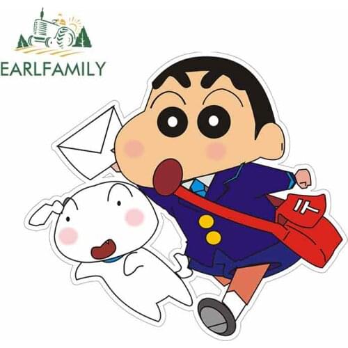 ARLFAMILY 13cm x 11.6cm Funny Car Stickers and Decals for Crayon Shinchan Carrying A School Bag Graphics Anime Car Assessoires