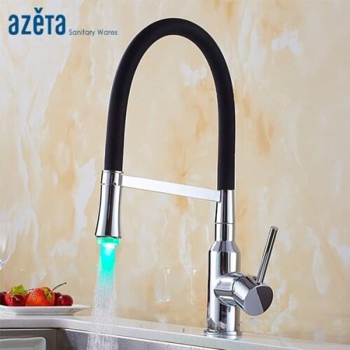 AZETA LED Pull Down Kitchen Faucets Chrome Brass Kitchen Tap With Black Rubber Design 360 Rotate Kitchen Sink Mixer Tap AT9508LD
