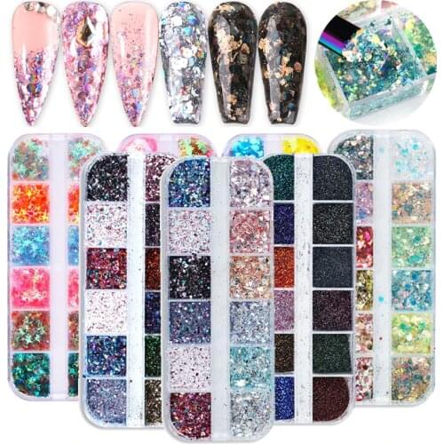 12 Grids/Sets Nail Glitter Flakes Sequins Powder Irregular Mixed Round Star Chrome Pigment Paillette Foil Manicured Nails Art