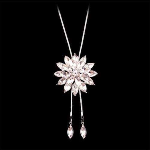 Zircon Snowflake Long Necklace Sweater Chain Fashion Fine Metal Chain Crystal Rhinestone Flower Pendant Necklace