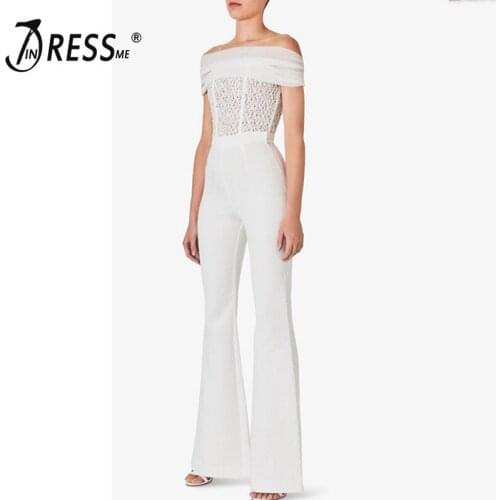 INDRESSME Women Full Length Bandage Jumpsuits Sexy Off Shoulder Lace Up Hollow Out With Belt Club Party Jumpsuit Vestidos 2020