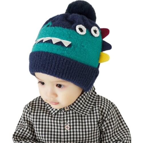 Baby Infant Boys Girls 3D Dinosaur Print Knitted Hats Autumn Winter Warm Cute Toddler Beanies Cap Baby Accessories 2-6Y