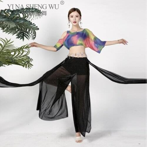 Belly Dance Clothing Womens New Short Tops Summer Practice Sexy Slim Slimming Yarn Dress Wide Leg Pants Performance Clothing